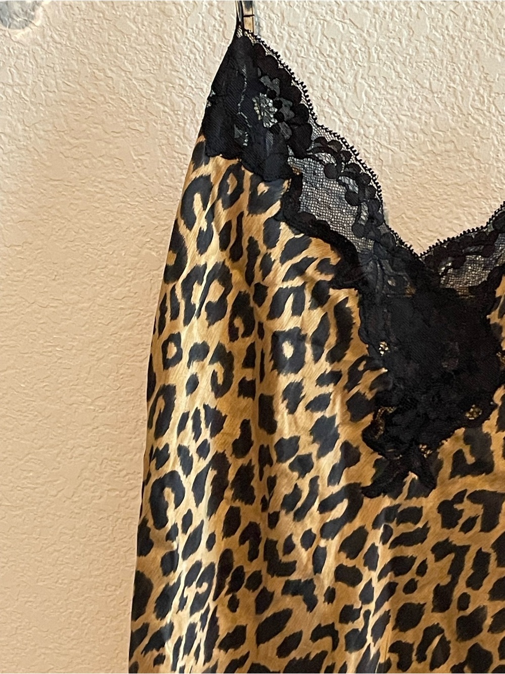 Leopard Print Satin & Lace Chemise Slip - Black Trim Silk